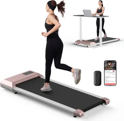 Image de Tapis de course pour la maison - Walking Pad 2-en-1 - Moteur 2,5 CV/1800 W - Capacité de charge 136 kg - Jusqu'à 6 km/h - Bluetooth et haut-parleurs - Écran LCD - Surface de course 39 x 90 cm - Or