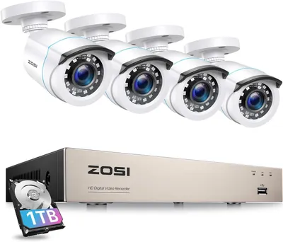 Produktbild von Überwachungskamera-Set für den Außenbereich, 1080P, mit 8-Kanal-Digitalvideoaufnehmer (DVR) mit 1 TB Festplatte und 4 x 1080P Überwachungskameras im Bullet-Design. CCTV-System für Innen- und Außenbereich, mit 24-Meter-Infrarot-Nachtsicht