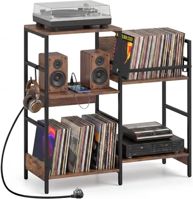 Produktbild von KOMFOTTEU Plattenspielerständer mit Ladestation, Plattenspielertisch mit Schallplattenhalter & offenen Regalen, Holz Beistelltisch, Präsentationsregal für Musikzimmer & Wohnzimmer, 78 x 30 x 78 cm