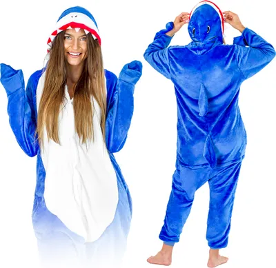 Produktbild von ZOLTA Jumpsuit Onesie für Damen und Herren - Sanft Kuschelig Uni Pyjama - Warme Schlafanzug - Kostüm für Party und Halloween - Größe 148-160 cm S - Hai