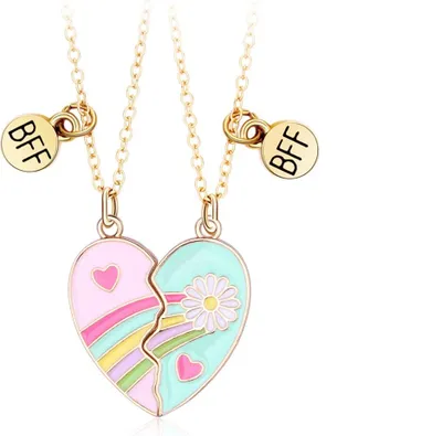 Produktbild von Bixorp Friends BFF-Halskette für 2 mit rosa und blauem Herz – goldfarben – Gänseblümchen und Regenbogen – magnetische Freundschaftskette – zwei Hälften beste Freunde – Freundschaftsgeschenk für zwei