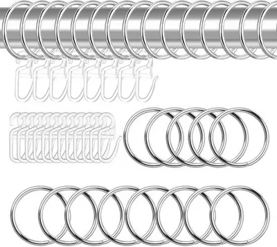 Produktbild von Heyu-Lotus 40 Stück Metall-Vorhangringe und 40 Stück Kunststoff-Vorhanghaken für Fenster-, Tür- und Duschvorhänge, Innendurchmesser 30 mm (silber)