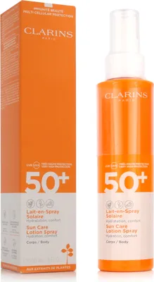 Produktbild von Clarins Sun Care Body Lotion Spray UVA/UVB 50+, Sonnenschutzlotion, Körper, Flasche, Feuchtigkeitsspendend, Jeder Hauttyp, 150 ml