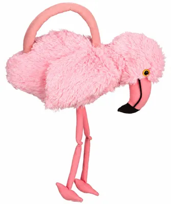 Flauschige pinke Flamingo-Handtasche mit Reißverschluss, langen Henkeln, gebogenem Schnabel und langen hängenden Beinen.