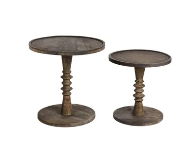 Produktbild von BELIANI Beistelltisch 2er Set Dunkelbraun Mangoholz Rund mit Gedrechseltem Standfuß Modernes Design Sofatisch Salontisch