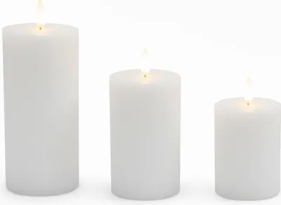 Produktbild von Relaxdays LED Kerzen, 3er Set, 3 Größen, flackernde Flamme, Echtwachs, mit Rillen, flammenlose Elektrokerzen, weiß
