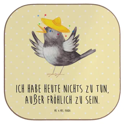 Produktbild von Mr. & Mrs. Panda Untersetzer für Gläser Rabe Sombrero - Gelb Pastell - Geschenk, Vögel, Tischschoner, Spruch Positiv, glücklich sein, Motivation, Lustige Sprüche, Coaster