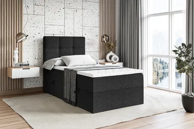 Produktbild von ALTDECOR Boxspringbett mit H4 Matratze und Topper - 90x200 cm - MARCE - Schwarz Gewebe - Rechts Öffnung - Polsterbett mit Bettkasten und Lattenrost, Bett mit Stauraum