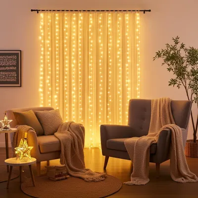 Produktbild von Eleganter LED-Lichtervorhang mit Fernbedienung, warmweiss, 200 LEDs, 3x3m: Gemütliche Beleuchtung & Romantische Deko für Schlafzimmer & Wohnzimmer