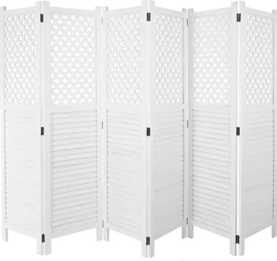 A white, three-panel folding screen or room divider.