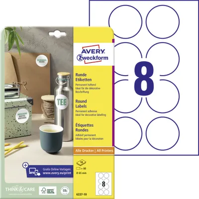 Produktbild von Avery Zweckform 6227-10 Runde Etiketten, A4, Ø 65 mm, weiß