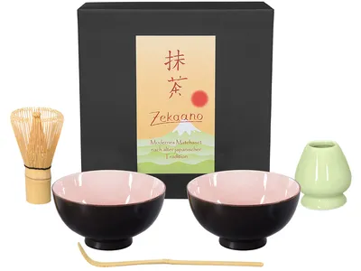 Produktbild von Matcha Set / Matchaset / 2x Matcha Schale 250ml, rosa mit Besen/Löffel/Halter in Geschenkbox