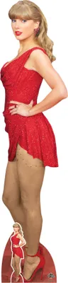 A cardboard cutout of Taylor Swift in a red dress.