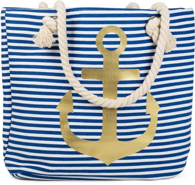 Zdjęcie produktu dla styleBREAKER – torba plażowa w paski z nadrukiem kotwicy | torba w stylu marynistycznym z uchwytami ze sznurka | duża torba plażowa 46 x 34 x 12 cm