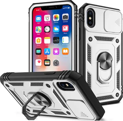 Image de Coque pour iPhone X / iPhone XS protection coulissante de l'appareil photo, robuste et antichoc, avec porte-anneau, support et porte-carte Blanc