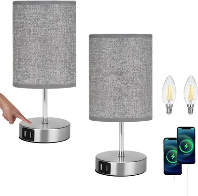 Produktbild von Nachttischlampe touch dimmbar 2er set, LED Moderne Tischlampe mit 2 USB Schnellladeanschlüssen & 2 Dimmbare Glühbirne, Augenschutz, Grau