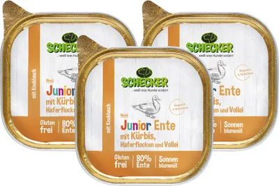 Produktbild von 3 x 200 g - Schecker Nassfutter - Hundemenü - Junior Ente mit Kürbis, Haferflocken und Vollei