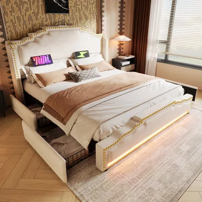 Zdjęcie produktu dla Łóżko tapicerowane 140 x 200 cm z stelażem z listew i 4 szufladami, aksamitna rama łóżka z oświetleniem LED i funkcją ładowania USB-C, solidne łóżko podwójne o nośności 181 kg, kolor beżowy
