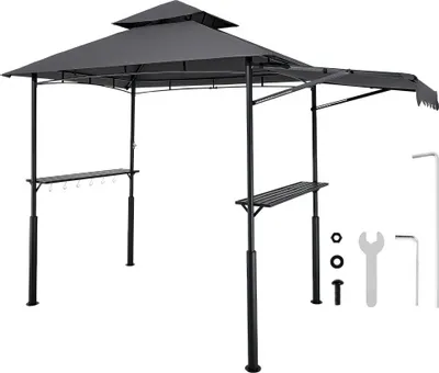 Immagine prodotto di Padiglione per barbecue 2430x1500x500 mm - Tettoia per barbecue per uso esterno - Gazebo per barbecue a 2 livelli - Padiglione da giardino a doppio tetto con tenda aggiuntiva - Ideale per patii, cortili e giardini