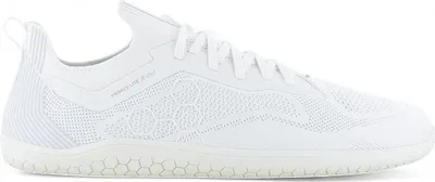 A white Vivobarefoot shoe shown from the side against a white background.