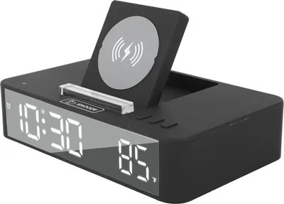Zdjęcie produktu dla 10W Cyfrowy budzik z jednym przyciskiem Podnoszone lustro LED Elektroniczny zegar z bezprzewodowym ładowaniem 10W do sypialni Biuro Dom EN001 Czarny