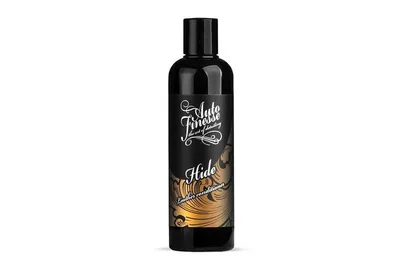 A black bottle of Auto Finesse Hide Leather Conditioner with a gold and white label, set against a white background.