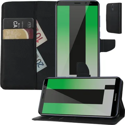 A black flip case for a Huawei Mate 10 Lite phone, shown open and closed, with cards and currency inserted.