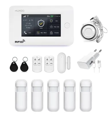Produktbild von HUXGO HXA006 Funk Alarmanlage WLAN + GSM 4G LTE mit 5 Bewegungssensoren Haus Büro Wohnung Garage TUYA Smart Anwendung SMS-Benachrichtigungen Steuerung vom Telefon Sprache DEUTSCH