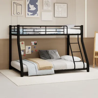 Produktbild von Etagenbett Metall mit Liegefläche 140x190 cm unten, Leiter, erhöhtem Geländer, Metalllatten und 180 kg Belastbarkeit je Bett