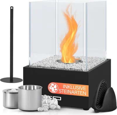 Produktbild von Jago® Tischkamin - Edelstahl,ethanol, für den Innen- und Außenbereich, inkl. Steine, Schwarz - Feuerstelle, Glaskamin, Glasfeuer, Tischfeuer, Tisch-Dekofeuer