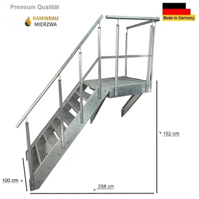 A galvanized steel staircase with a platform and railings, shown against a white background with dimensions indicated.
