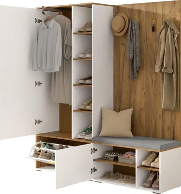 Produktbild von Merax Garderobenset, Schuhschrank mit Klappen, Kleiderschrank mit ausziehbarer Kleiderstange, 4 Haken, Spiegel, Sitzbank, Garderobenständer, Weiß