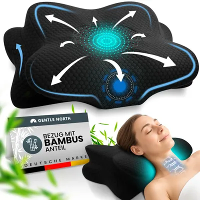 A woman is sleeping on an orthopedic neck pillow, with graphics illustrating airflow and support.