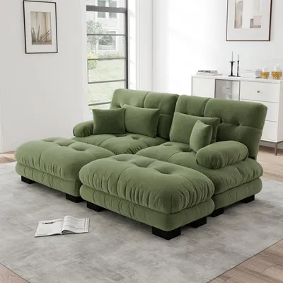 Produktbild von Chenille-Polsterdoppelsofa, mit 2 Lendenkissen, 2 Dekokissen, breite Armlehnen, Ottoman, 220 x 145 x 81 cm, Grün
