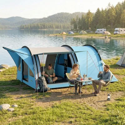Produktbild von Tunnelzelt 4 Personen, Familienzelt mit Schlafkabine, Polyester Fiberglas, Himmelblau | 565 x 370 x 200 cm | Stehhöhe | Trennwand