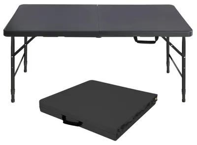Zdjęcie produktu dla AIORBER Składany stolik z regulacją wysokości 125 x 61 cm z uchwytem do przenoszenia, składany stolik kempingowy do ogrodu, na kemping, imprezy i pikniki, nośność do 135 kg, czarny