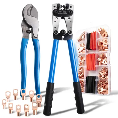 Krimptang-Set 6-50 mm² mit Kabelschere, 80 Kupfer-Ringklemmen