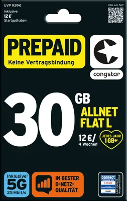 Produktbild von congstar Prepaid Allnet L: 30 GB Datenvolumen & Flatrate für Telefonie und SMS, 5G-Speed, EU-Roaming