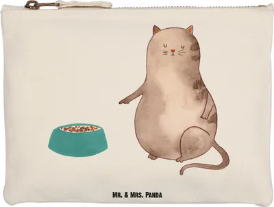 Produktbild von Mr. & Mrs. Panda Mäppchen Katze Fressen Grösse XL Große - Weiß - Geschenk, Baumwollbeutel, Kosmetiktasche, Schminktasche, Etui, Kulturbeutel