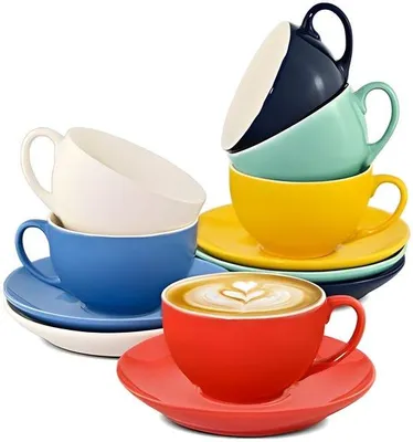Produktbild von PolkaHome® Set von 6 Keramik-Cappuccino-Tassen mit Untertassen - Buntes Design - Geschenkverpackung - 180 ml