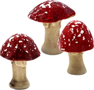 Produktbild von Steingut Deko Pilz Gartenfigur 6 cm zum Hinstellen - 3er Set - Fliegenpilz Dekofigur zur Herbstdeko