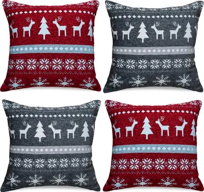 Produktbild von 4er Misch-Set Kissenhüllen 45x45 cm Elche & Muster grau rot als Deko