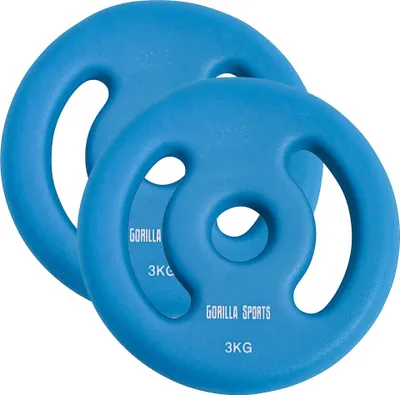 Produktbild von GORILLA SPORTS® Neopren Hantelscheiben - 2er Set, 6 kg (2x3 kg) Gewichte, 30/31 mm Bohrung, mit Griffen, Gusseisen - Gewichtsscheiben, Hantelscheiben-Set