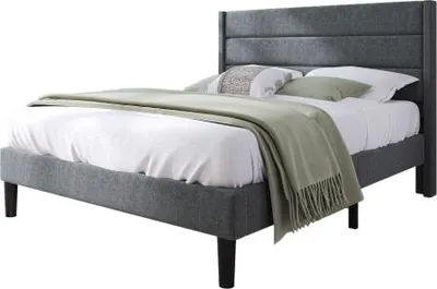 Produktbild von Polsterbett mit Kopfteil und Lattenrost, 140x200 cm, Doppelbett, Bezug aus Leinen, Holzbett, grau