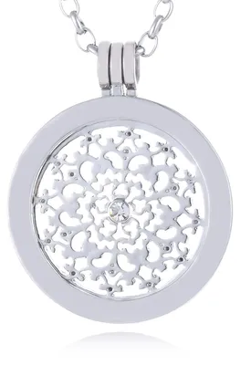 Productafbeelding van Morella damesketting, 70 cm, roestvrij staal, met amulet en munt van 33 mm, natuurmotief, zilverkleurig, geleverd in een sieradenzakje
