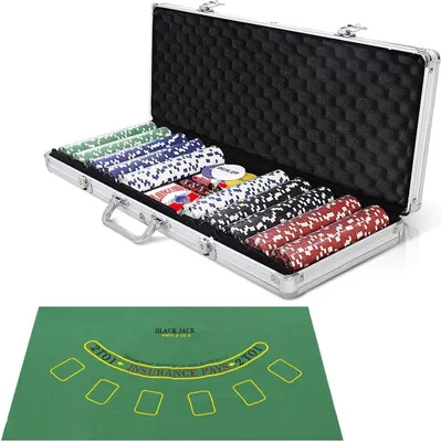 A poker chip set in an open case, with a blackjack felt mat below.