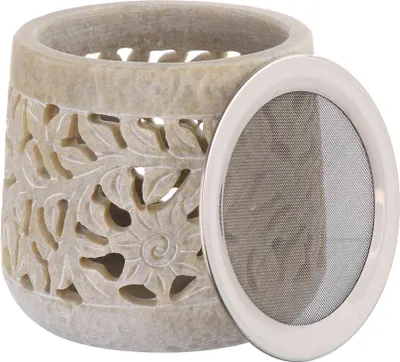 Produktbild von Räucherstövchen 10x11cm – Speckstein, Blumenmotiv mit Räuchersieb & Gravur