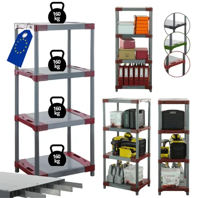 Produktbild von MODO24 Kunststoffregal, 4 Ablagen, 160kg/Boden, Schwerlast, Steckregal, Lagerregal, Plastikregal, Werkstatt, 138x60x46?cm, Rot, TYTAN