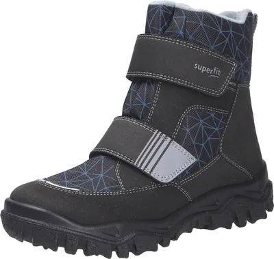 A single black winter boot with blue geometric patterns and gray accents.