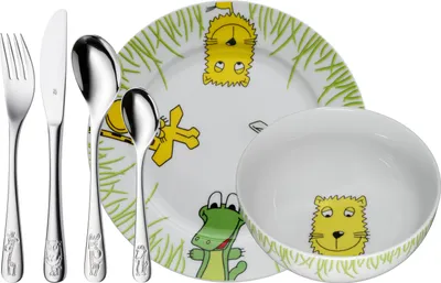 Produktbild von WMF Kinderbesteckset 6-teilig Safari, Toddler cutlery set, Grün, Edelstahl, Weiß, Porzellan, Edelstahl, 3 Jahr(e), 16,5 cm, 18,5 cm